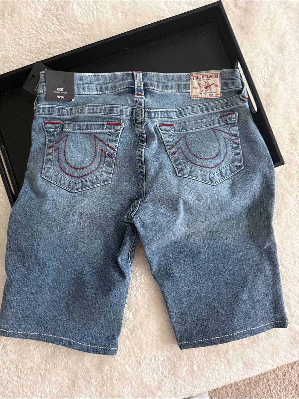 True Religion Mid Blue Ricky Denim Shorts with Red Stitching - Picture 3 of 3
